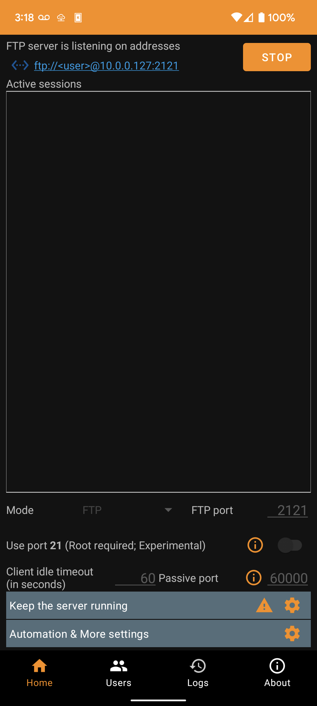 On the home screen of the FTP Server app, we see a button labelled stop, to the right of some text saying that the FTP server is listening on addresses ftp://<user>@10.0.0.127:2121. There are no active sessions. Some configuration and warnings appear at the bottom, but they are not relevant for this.